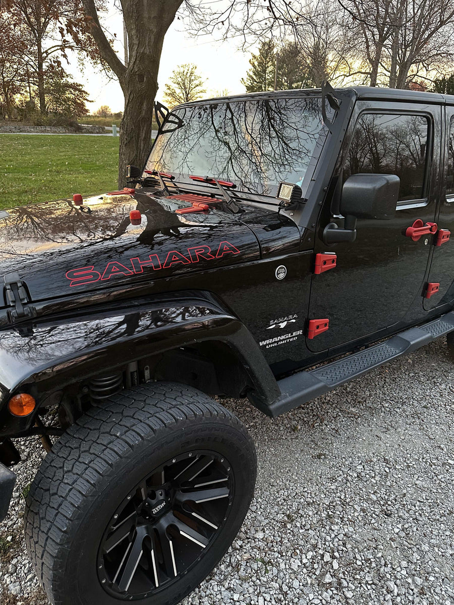 Set Of 2 Jeep Wrangler Sahara Hood Decal Stickers – Tan/Brown Graphics, Official Style (Part #FK2D2)