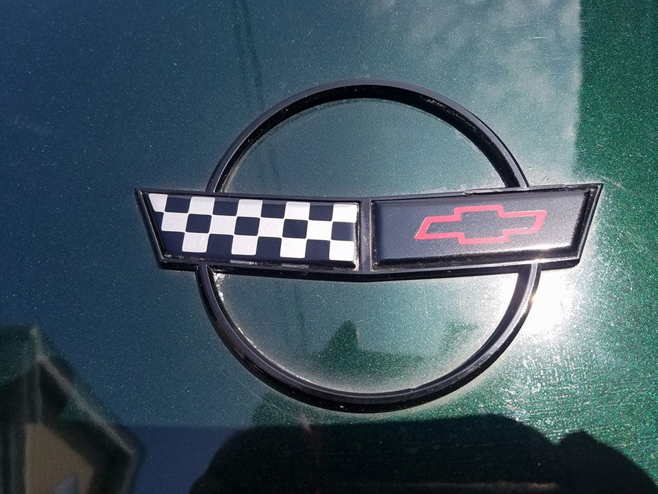 GM Licensed 1991-1996 Corvette C4 Hood Nose Emblem - Black Crossed Flags Badge, Self-Adhesive