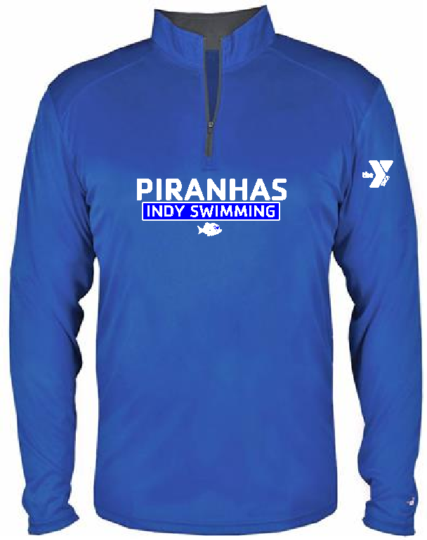 INDY SWIMMING SWIM TEAM DRI FIT 1/4 ZIP LONG SLEEVE SHIRT PIRANHAS LOGO