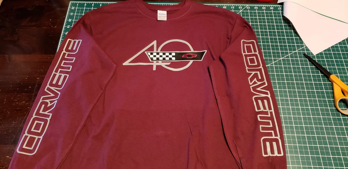 CORVETTE C4 40TH ANNIVERSARY LONG SLEEVE SHIRT SCRIPT ON SLEEVES & LOG ...